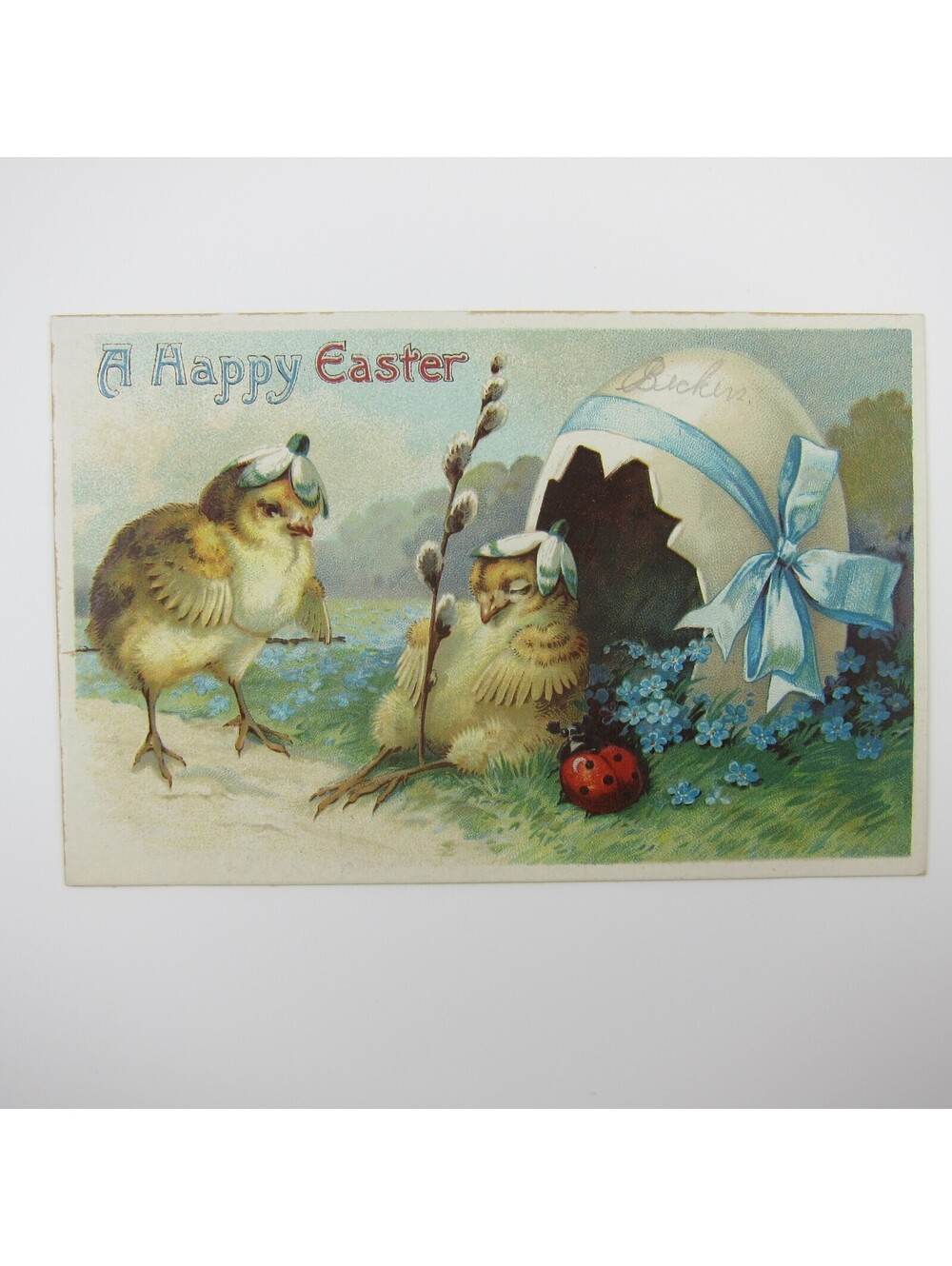 Easter Postcard Yellow Chicks Hatch Egg Blue Ribbon Lady Bug Embossed Antique